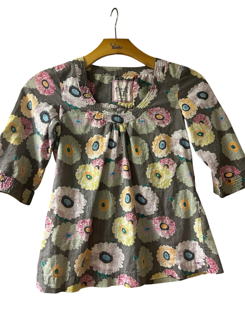 Vintage ESPRIT Scoop Neck Peasant Top in Gray, Yellow & Pink